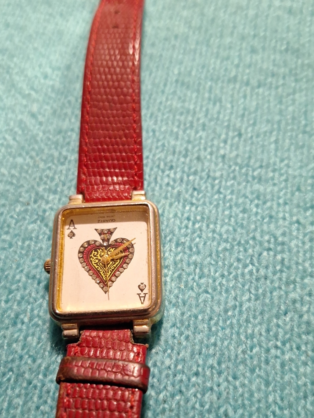 Red Ace of Hearts Quilted Dial Leather Strap Watch